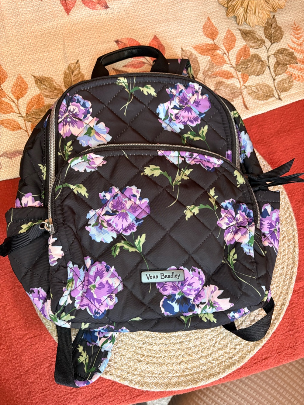 Vera Bradley Black Quilted Small Backpack with Purple Floral Print